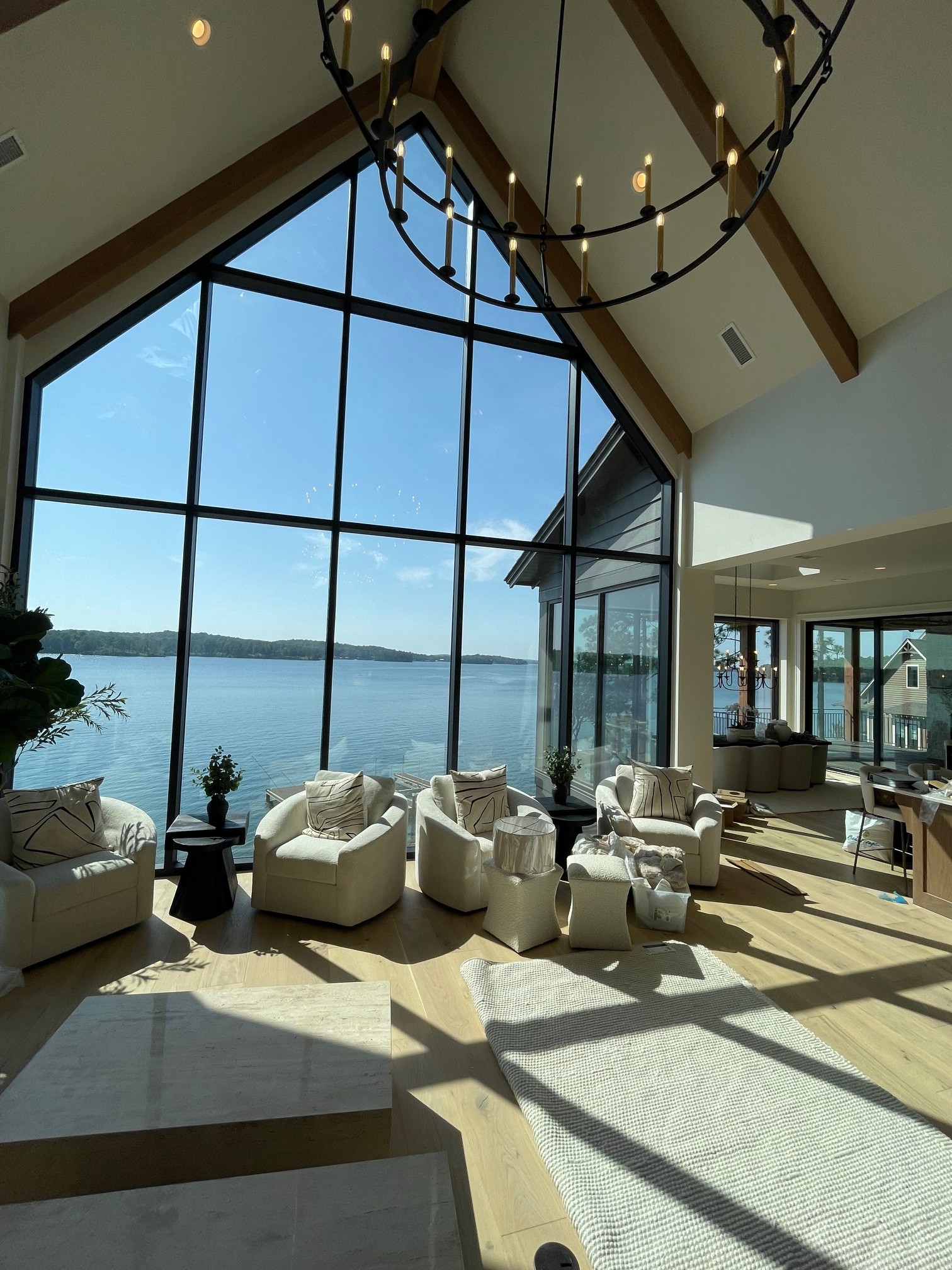 Independent Glass installs custom windows at Lake Martin waterfront house.